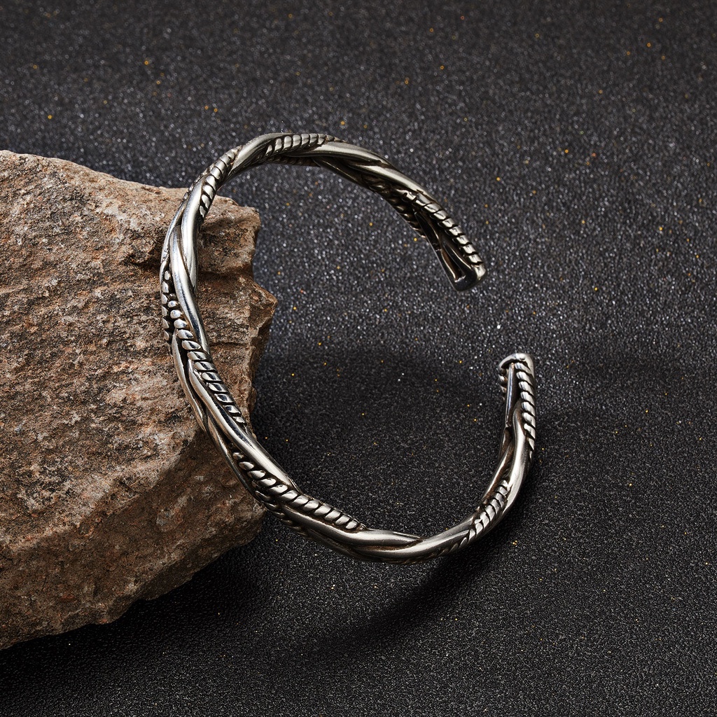 Gelang Model Terbuka Bahan Lapis Silver Desain Anyaman Gaya Retro / Unik / Simple / Punk Handmade Untuk Hadiah