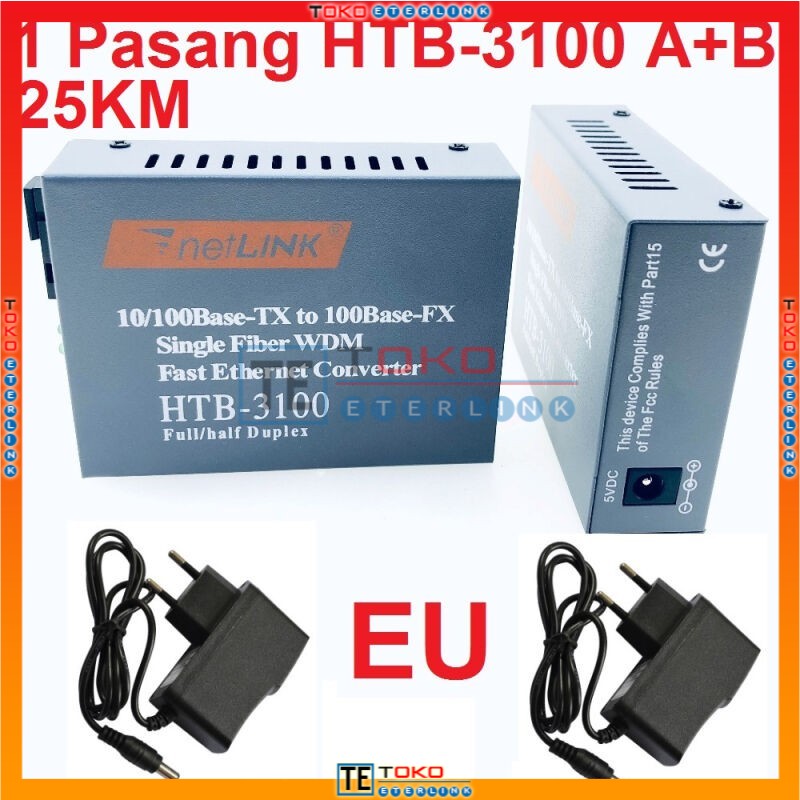 Sepasang HTB-3100 Fiber Optic Media Konverter Single Mode dengan 5V 2A EU Adaptor-1