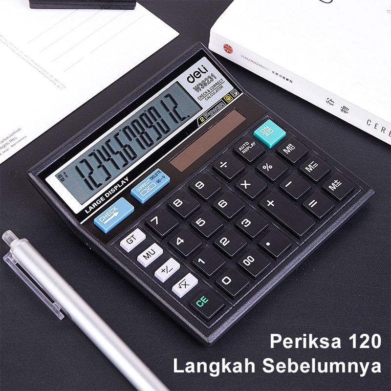 Deli Kalkulator 12 Digit Kalkulator Mini 120 Langkah Cek Layar LCD Tenaga Baterai / Energi Cahaya Desktop Calculator