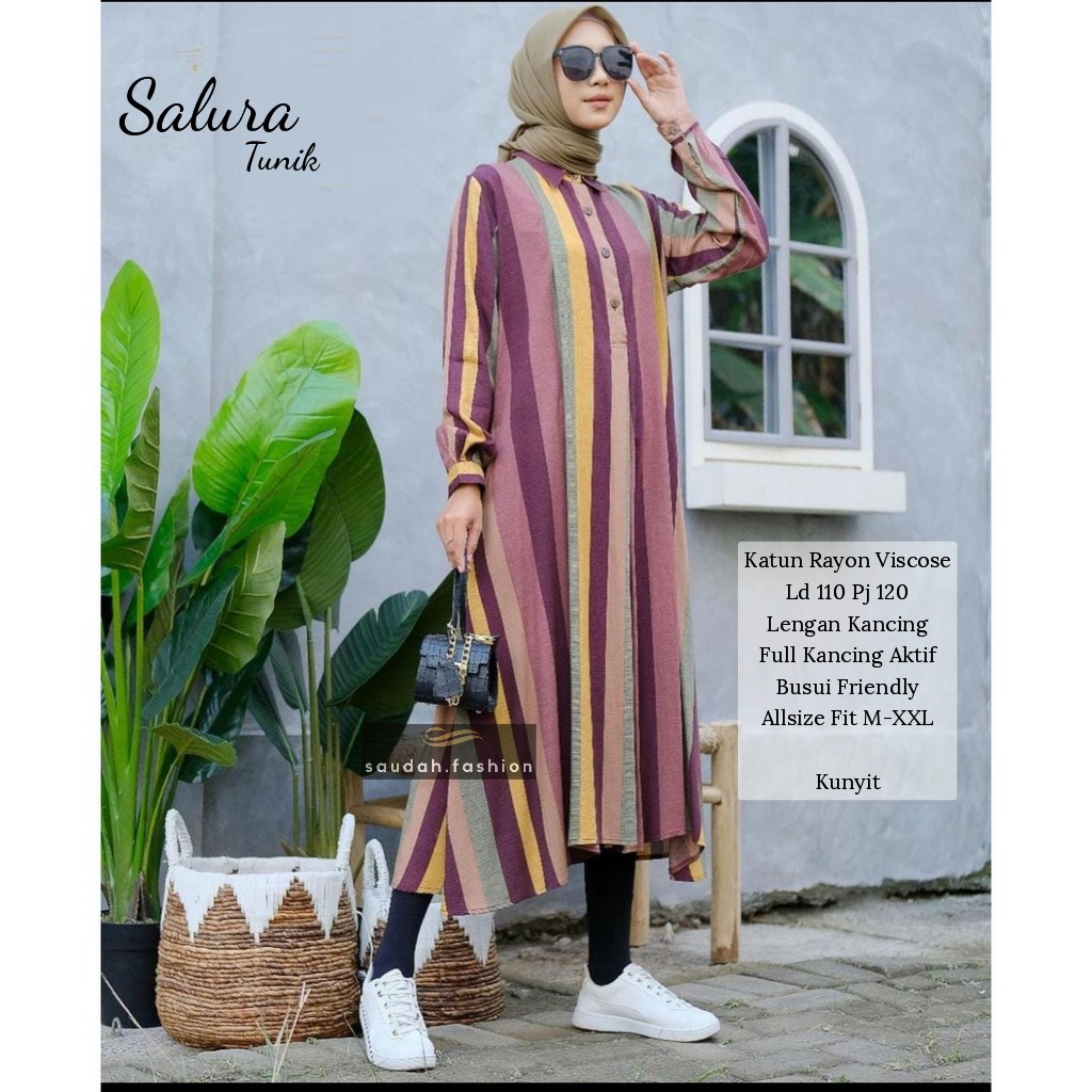 SALURA TUNIK PREMIUM ORI (1KG MUAT 4PCS) LONG TUNIK KATUN RAYON MOTIF GARIS / TUNIK BUSUI CASUAL