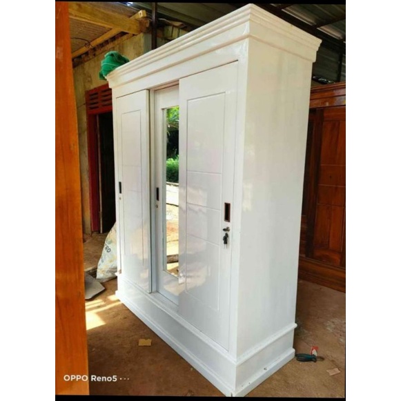 lemari pakaian kayu jati pintu 3 sliding putih glossy FREE ONGKIR KEBUMEN