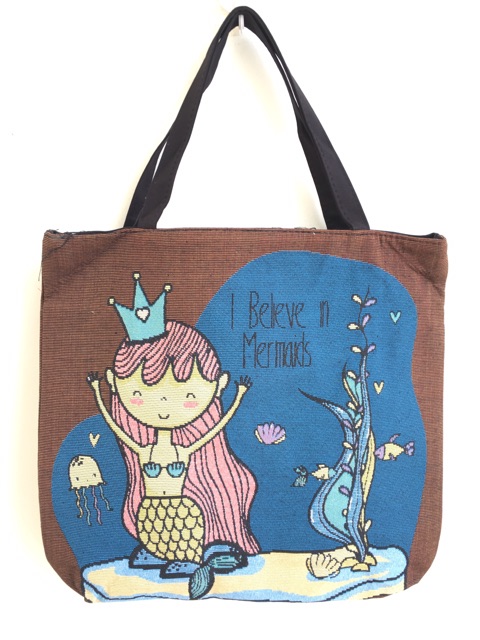 Tas tote bag wanita kanvas mermaid series import