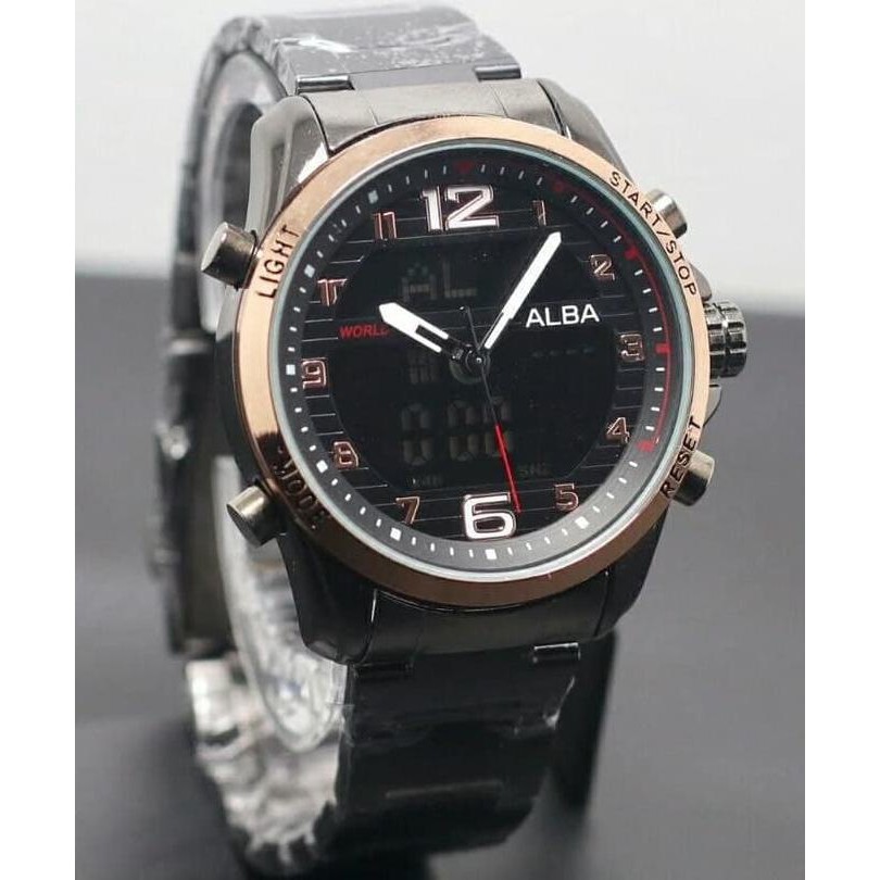 promo | diskon | sale Jam Tangan Pria / Cowok Alba Dual Time SK801 Rantai Black Rosegold terbaik |