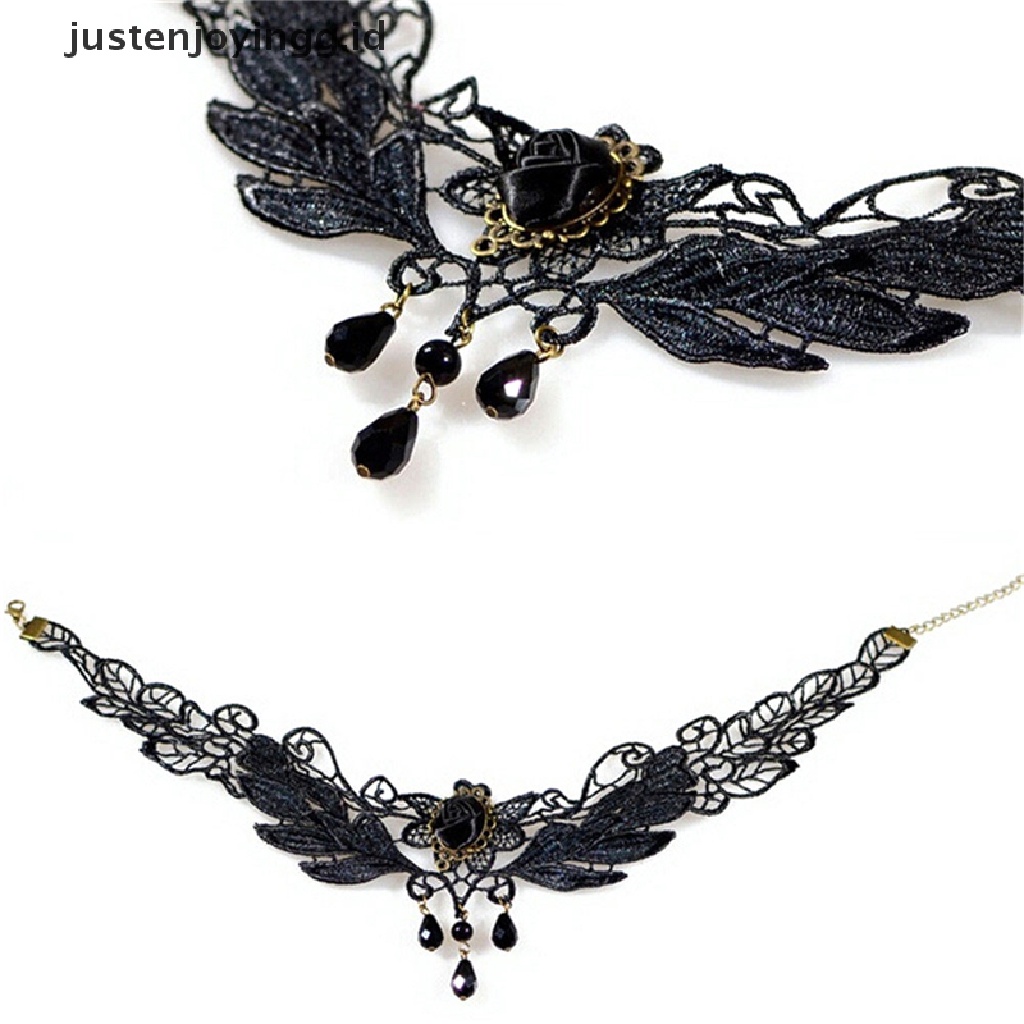 Kalung Choker Liontin Manik-Manik Mawar Hitam Bahan Lace Untuk Wanita