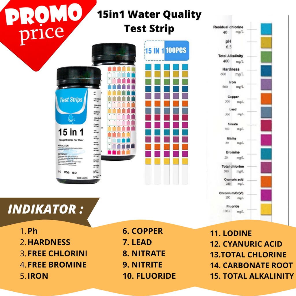 15in1 Water Test Alat Uji Kualitas Air Minum 100 Strip Aquarium strip test