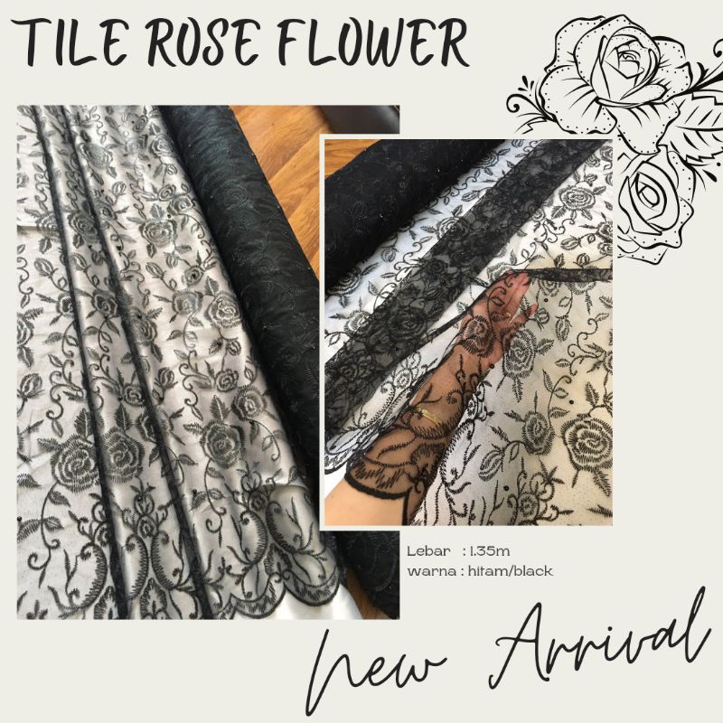Kain Brukat Bahan Kebaya Tile Mutiara Rose Flower Warna Hitam/Black