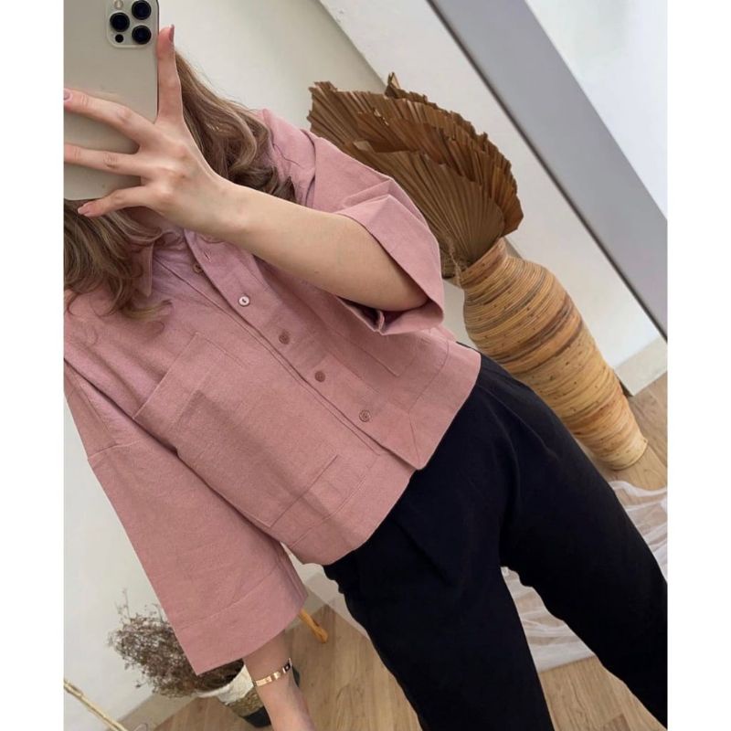 Kemeja Gita Rami Basic Shirt//Kemeja Crop kekinian//kemeja oversize terbaru-Gita 7/8 dusty pink