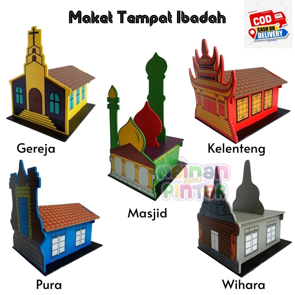 Maket Rumah Ibadah 3D Masjid Gereja Pura Wihara Klenteng Alat Peraga Edukasi Anak