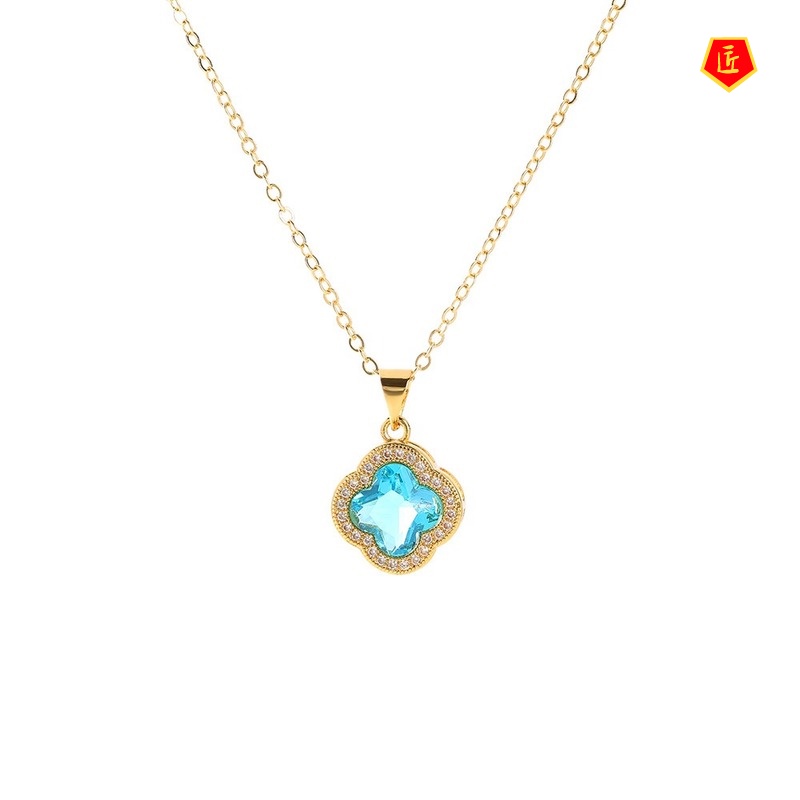 [Ready Stock]24K Golden Classic Four-Leaf Clover Finely Inlaid Pendant Simple Temperament