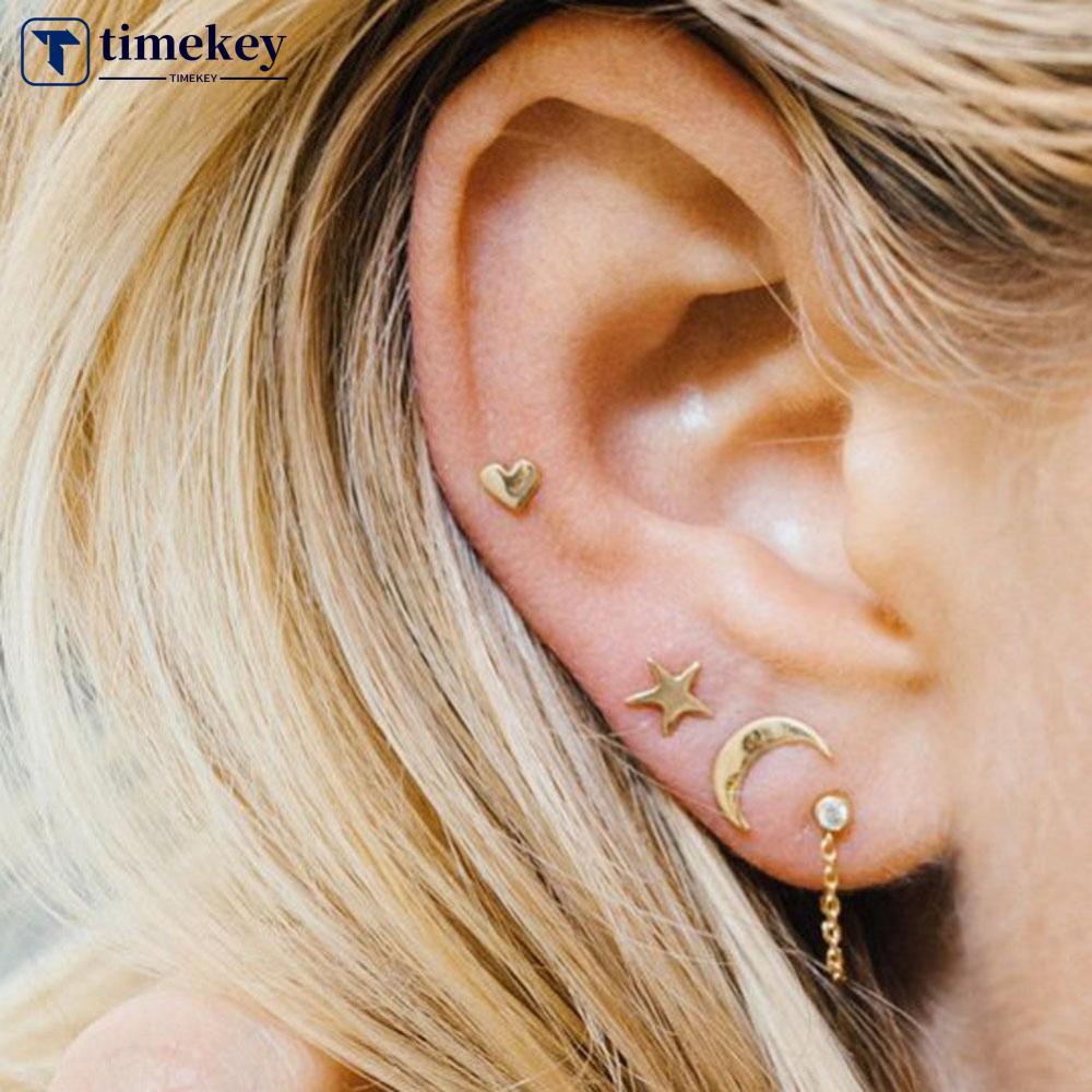 Timekey 3pcs / Set Anting Tusuk Lapis Silver / Gold Desain Bulan / Bintang / Hati Untuk Wanita A5K1