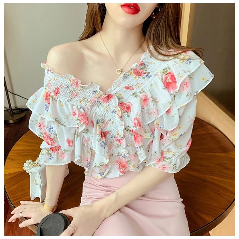MDLV ~ 2433 Angelica Smocked Top Atasan Sabrina Flower Import Korea Look Fashion import