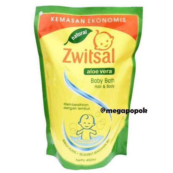 Zwitsal Natural Aloevera Baby Bath 2in1 Hair &amp; Body Wash Refill 450ml/44206/megapopok