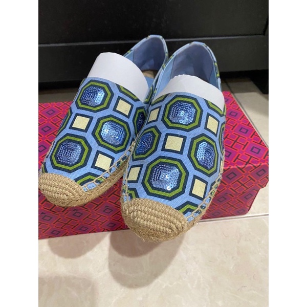 LIKE NEW SEPATU TORY BURCH BLUE ESPADRILLE SHOES BRANDED AUTHENTIC ORIGINAL TB SANDAL SECOND BEKAS T