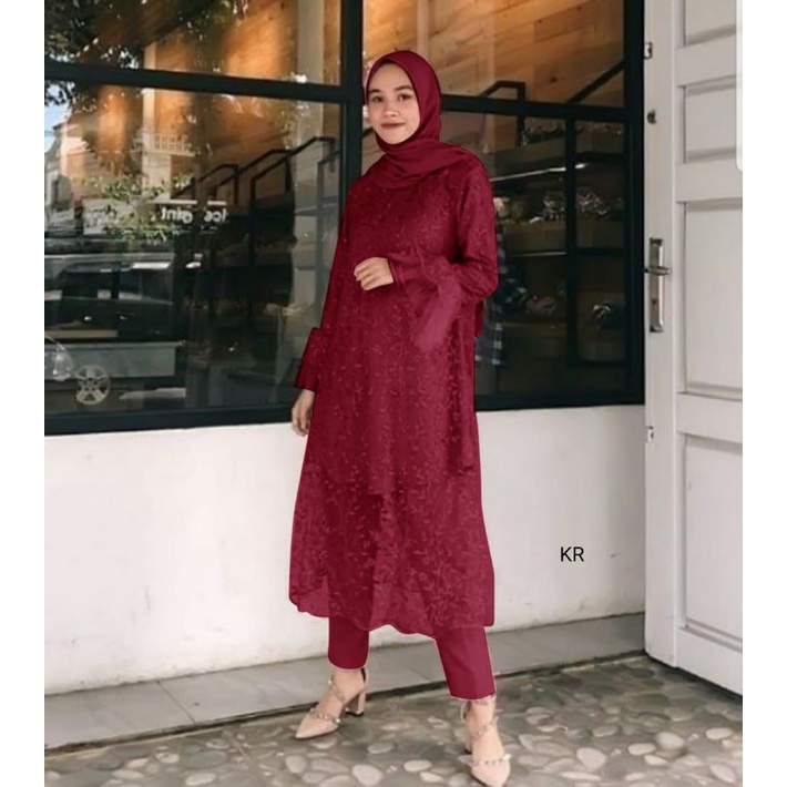 2 UKURAN L DAN XXL SET SHALOM FASHION PAKAIAN WANITA SETELAN ATASAN TUNIK BRUKAT DAN CELANA MOSCREPE KR ADA VIDEO REAL PICT