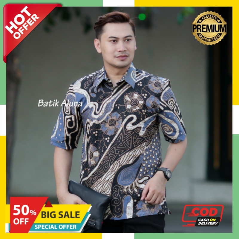 Kemeja Batik Solo Pria Lengan Pendek Lapis Furing Slim fit Modern Aluna Sragen Original Baju Kerja C