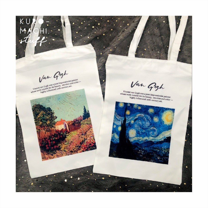 

[FREE STICKER PACK] Van Gogh Starry Night Art Painting Tote Bag, Pin Button, Hardcover Notebook