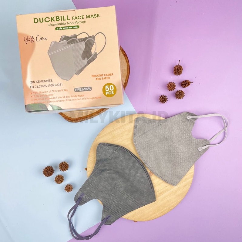 Masker Duckbill Y&amp;B Premium Original Emboss 3 Ply Earloop Cantol Hitam Putih Warna