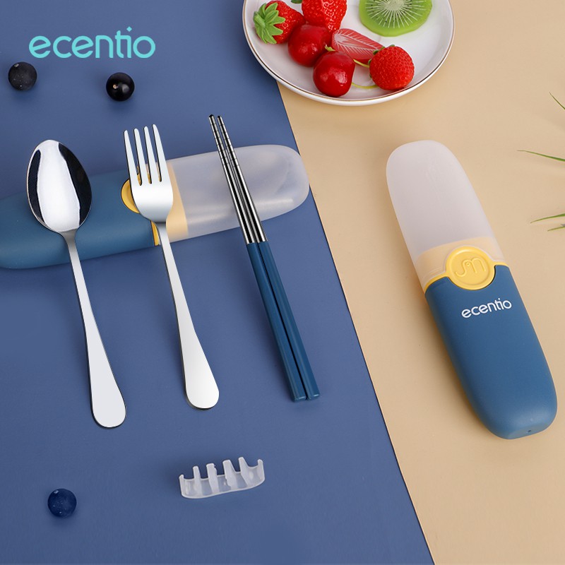 ecentio &amp; FOODI  stainless Sendok sumpit garpu set dengan portabel PP kotak alat makan 3pcs peralatan makan biru Cutlery Set