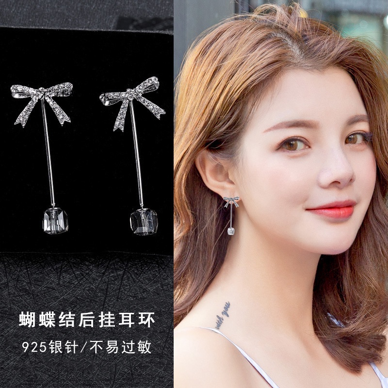 Gaya Korea rumbai busur Crystal block perak pin anting-anting gadis anting-anting anting-anting temp