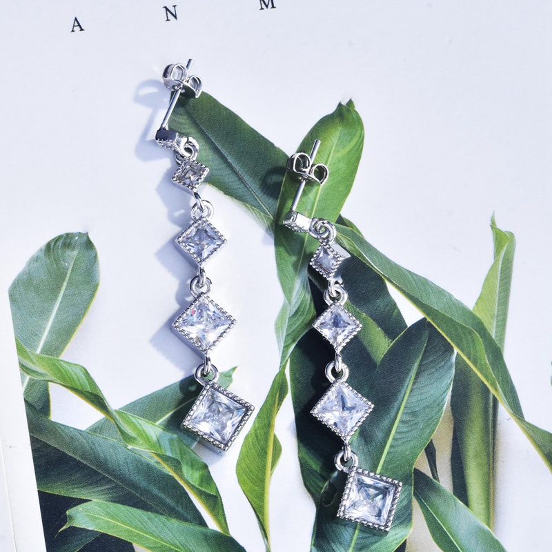Fancyqube Anting Tusuk Gantung Panjang Silver 925 Desain Geometri Kotak Hias Zircon Aaa Untuk Wanita