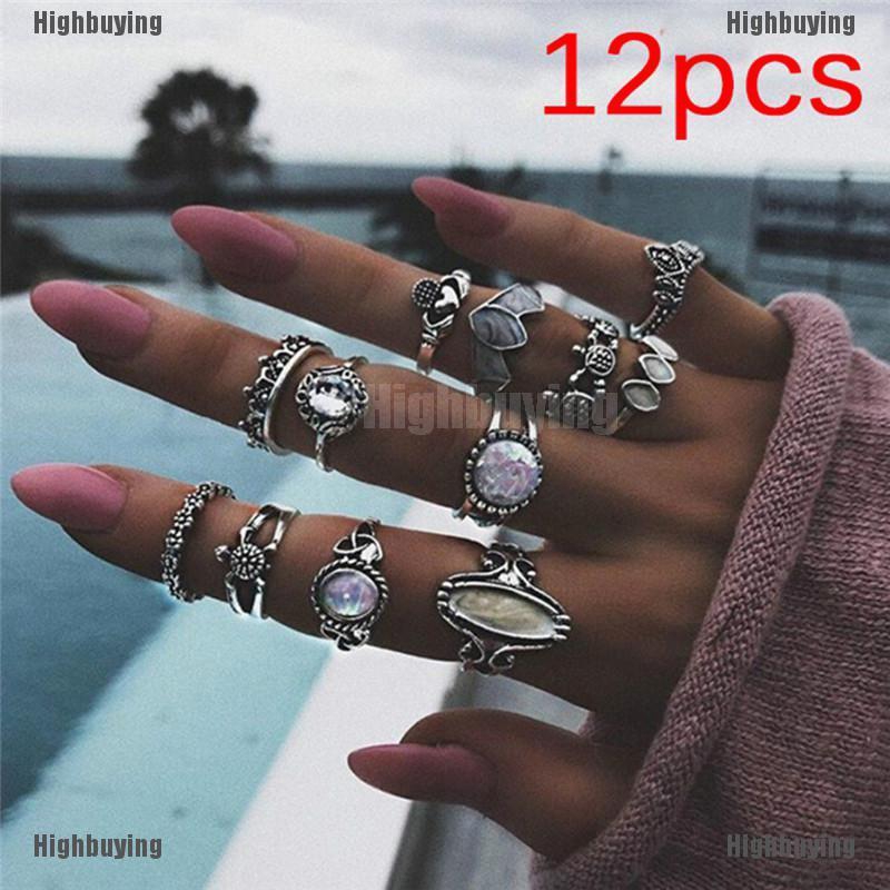 Hbid 12PCS / Set Cincin Nikah Silver Hias Opal Api Putih Untuk Wanita