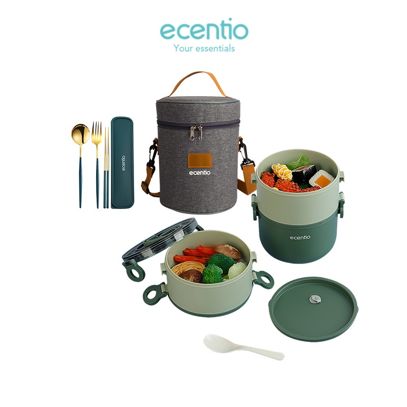 Tempat Makan ecentio 2200ml lunch box set 3 lapis anti bocor kotak makan free sendok/botol/tas bekal