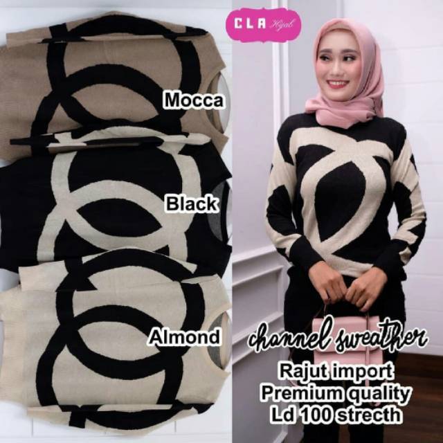 Channel Sweater, SWEATER WANITA RAJUT CANTIK BAHAN RAJUT IMPORT PREMIUM FIT XL-XXL LD 100-120 TERMURAH OOTD TERLARIS