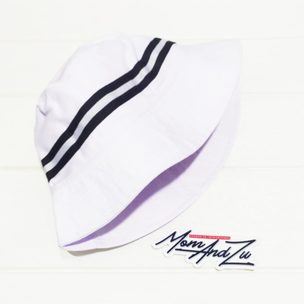 Topi Bucket Polos Putih Garis Hitam Korea Topi Mancing Pantai Bucket Hat