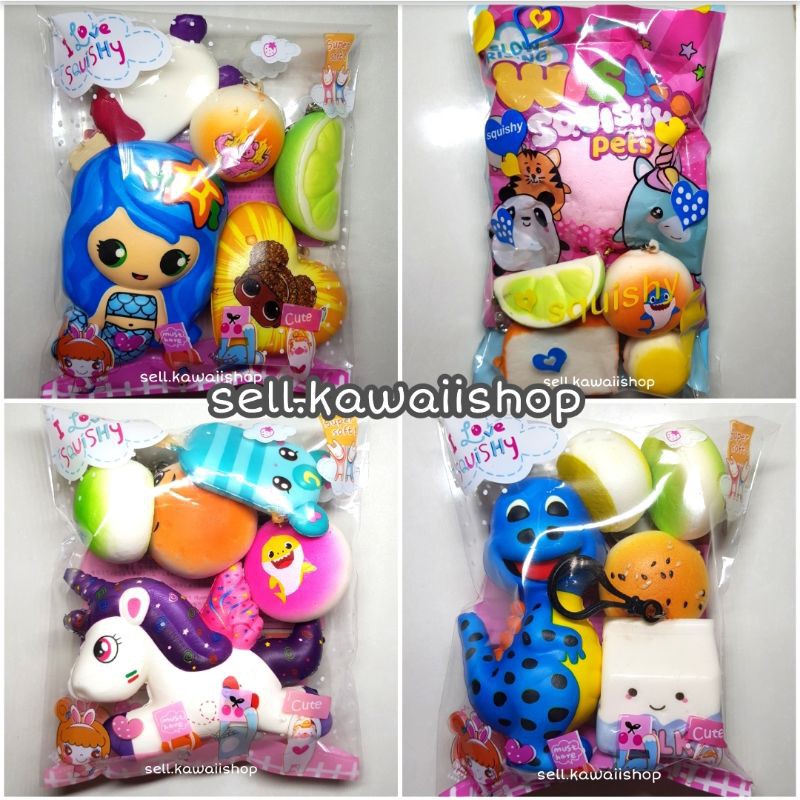 Squishy paket murah isi 5 pcs jumbo medium mini 5pcs pc bun ice mermaid unicorn wishy dino lol paket