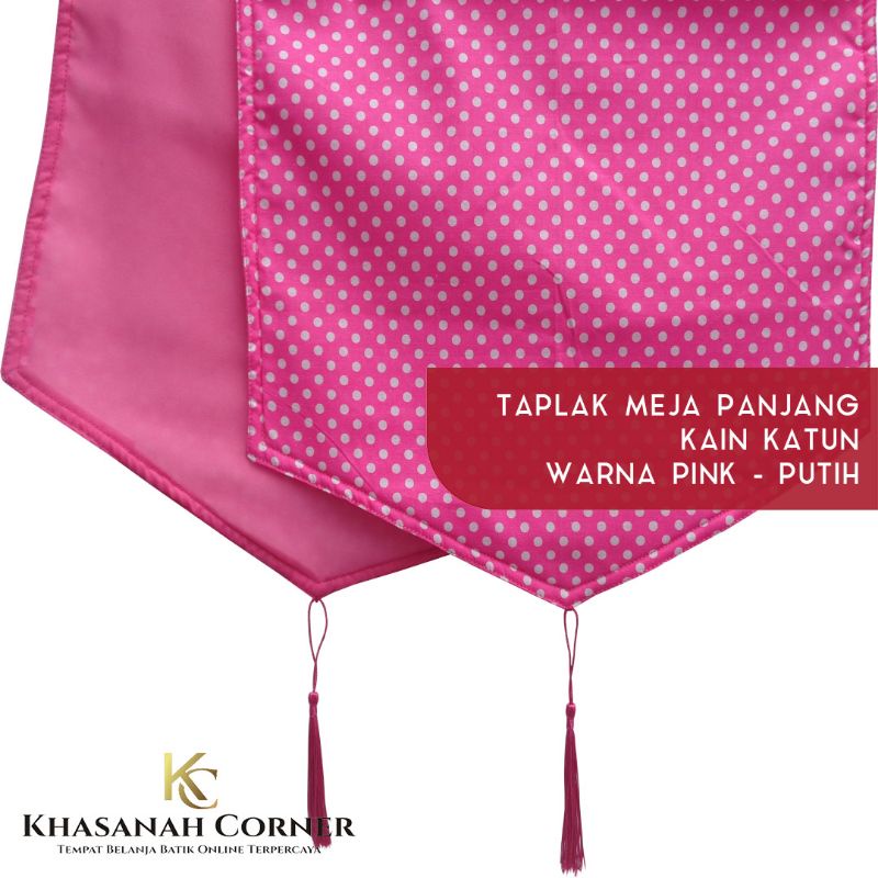 Taplak Meja Panjang 200x36 cm Runner Table Cover Kain Katun Warna Pink Kombinasi Putih Motif Polkado