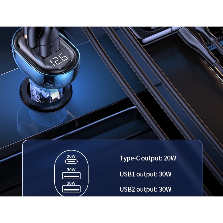 USAMS Fast Car Charger 80W 3Ports Transparent Digital US-CC159 Original