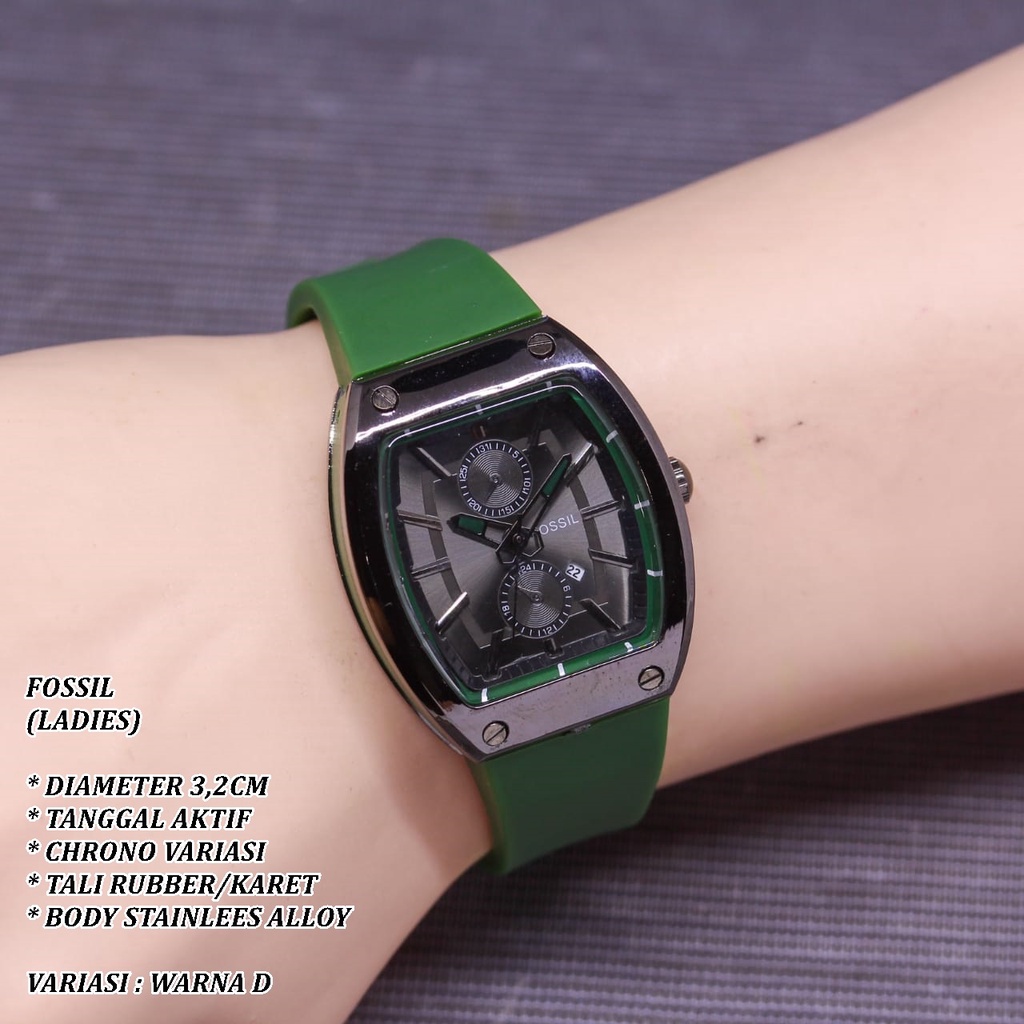 (BISA COD) JAM TANGAN WANITA F-022 FASHION TALI RUBBER BODY OVAL HITAM TANGGAL AKTIF CHRONO VARIASI