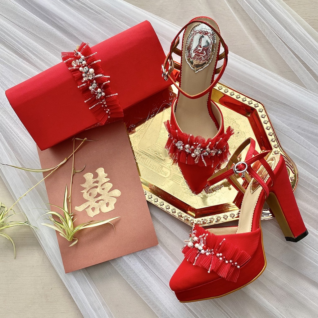 Matching Set Red Sepatu Pesta Wanita Block Heels 11.5cm & Tas Pesta Clutch AVEDA