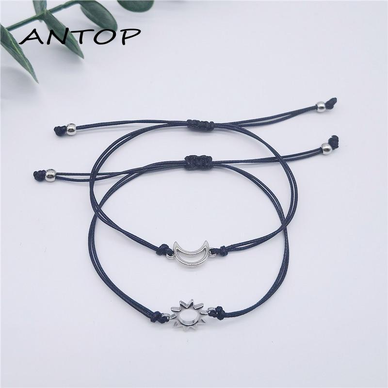 2pcs Gelang Couple Hitam Pasangan Adjustable Bulan Dan Matahari Gelang Persahabatan Tali Lilin Aksesoris Untuk Pria Dan Wanita ANTOP