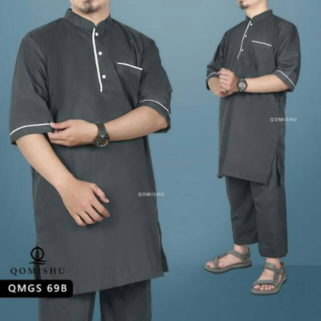 BAJU KOKO QOMISHU (QMGS). BAJU KOKO PRIA DEWASA SETELAN CELANA. KURTA QOMISHU LENGAN PENDEK.