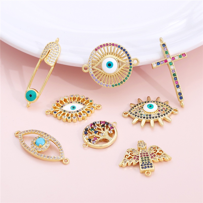 15Style Copper Evil Eye Cross Zircon Gold Plated Hollow Connector Charms For Bracelets Bohe Earrings Making DIY Jewelry Findings