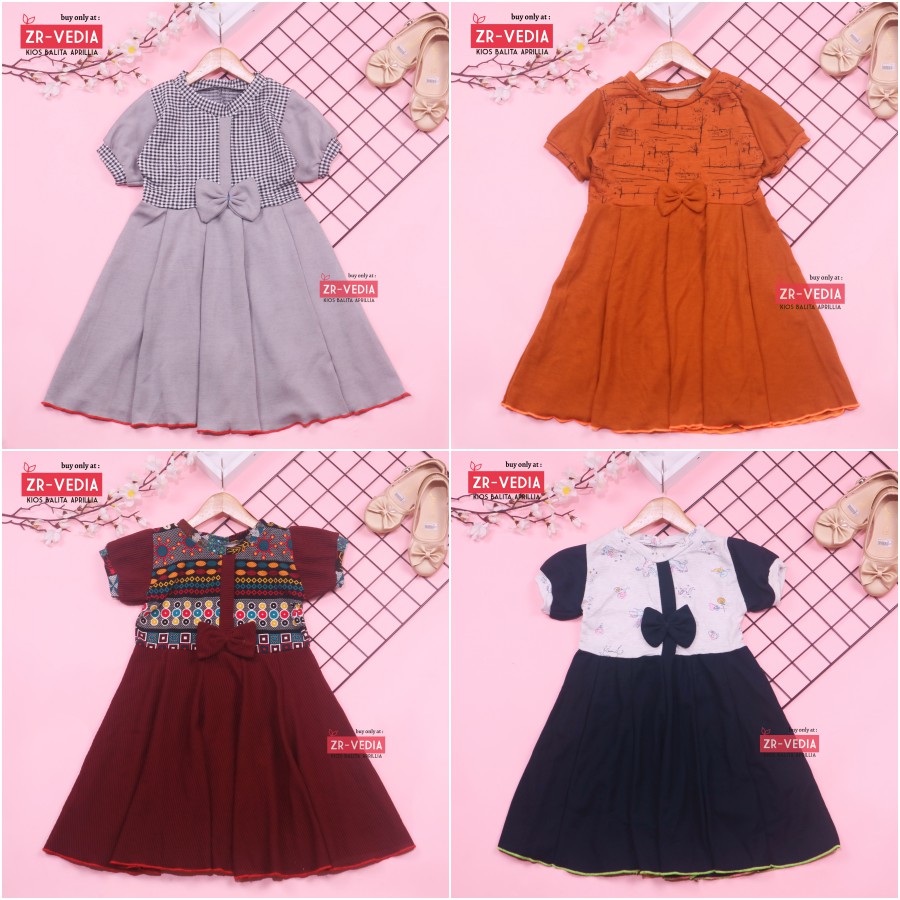 Dress Anak Jasmine uk 5-6 Tahun / Dres Anak Perempuan Lengan Murah Gaun Pesta Pita Motif Polos Adem