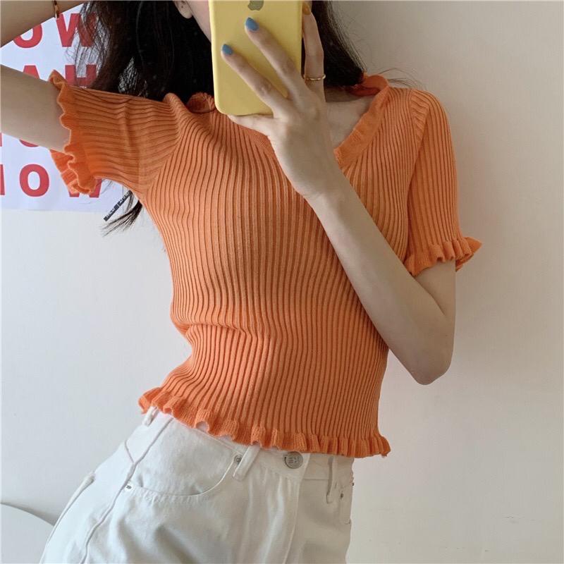 Baju Crop Rajut Kriwil Wanita - Tshirt Crop Rajut Kriwil Pendek/ Korean Ruffle Neck T-Shirt Kaos Rajut Wanita C207