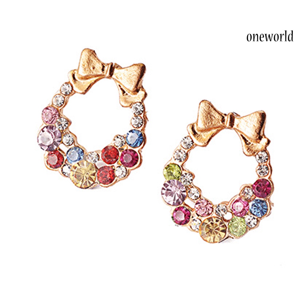 OW# Colorful Rhinestone Drop Earrings Bow Women Circle Hook Earrings Stud Earrings Fashion Jewelry