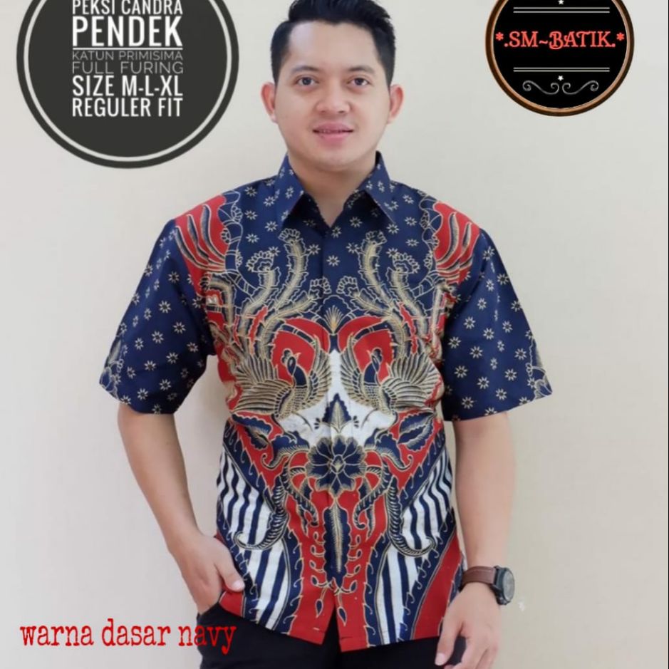 Kemeja Batik Pendek Warna Navy Batik Lengan Pendek Lapis Furing CANDRA NAVY PENDEK