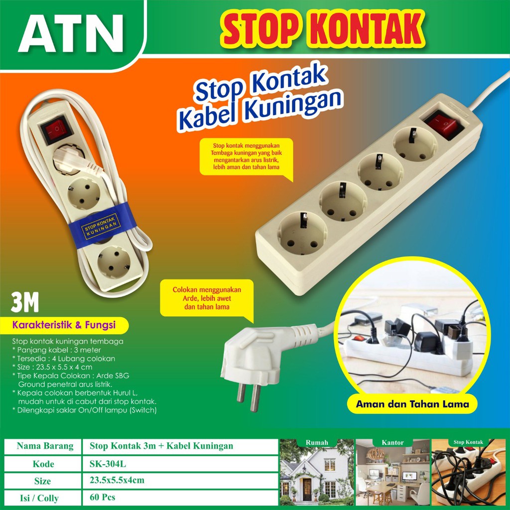 ATN Stop Kontak Terminal 3 , 4 , 5 Lubang + Kabel Steker Arde + Switch Lampu On / Off Standar SNI