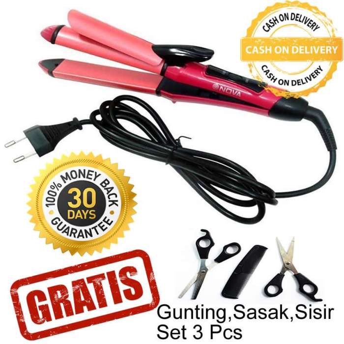 Catok Rambut Nova NHC-2009 / Catokan Rambut Pelurus Keriting 2 In 1 + Gratis Gunting Sasak Set