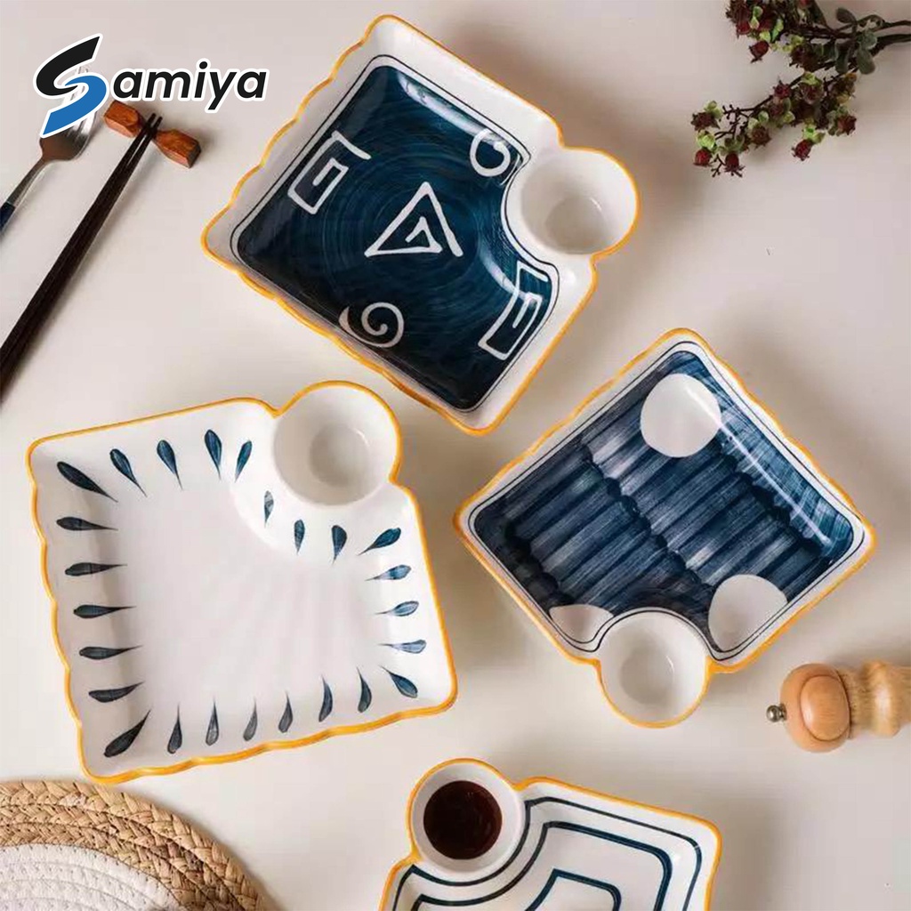 ceramic dumpling plate unik 2in1 / piring makan kecil tempat saus kecap snack dimsum siomay sushi