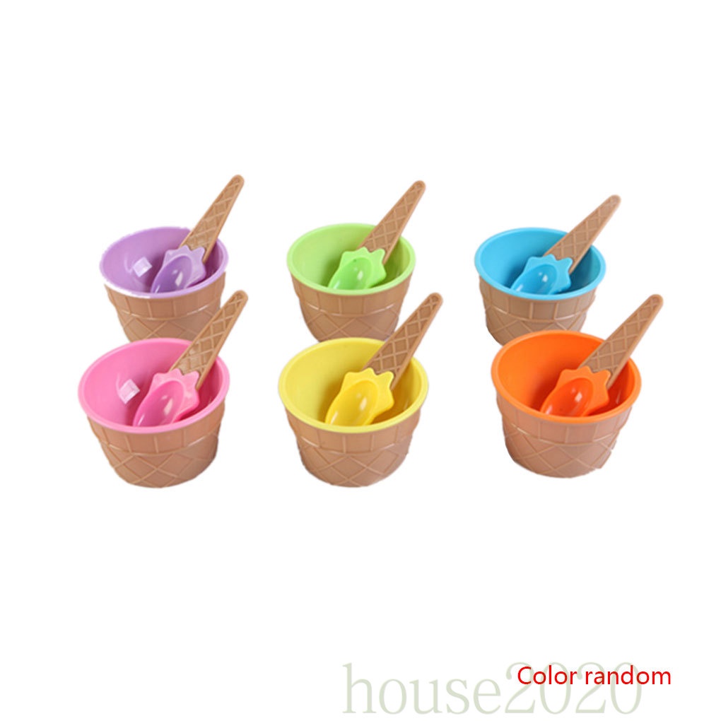 [house2020]Plastic Ice Cream Frozen Yogurt Cup with Spoon Dessert Bowl Ice Cream Bowl Spoon Set Random Color