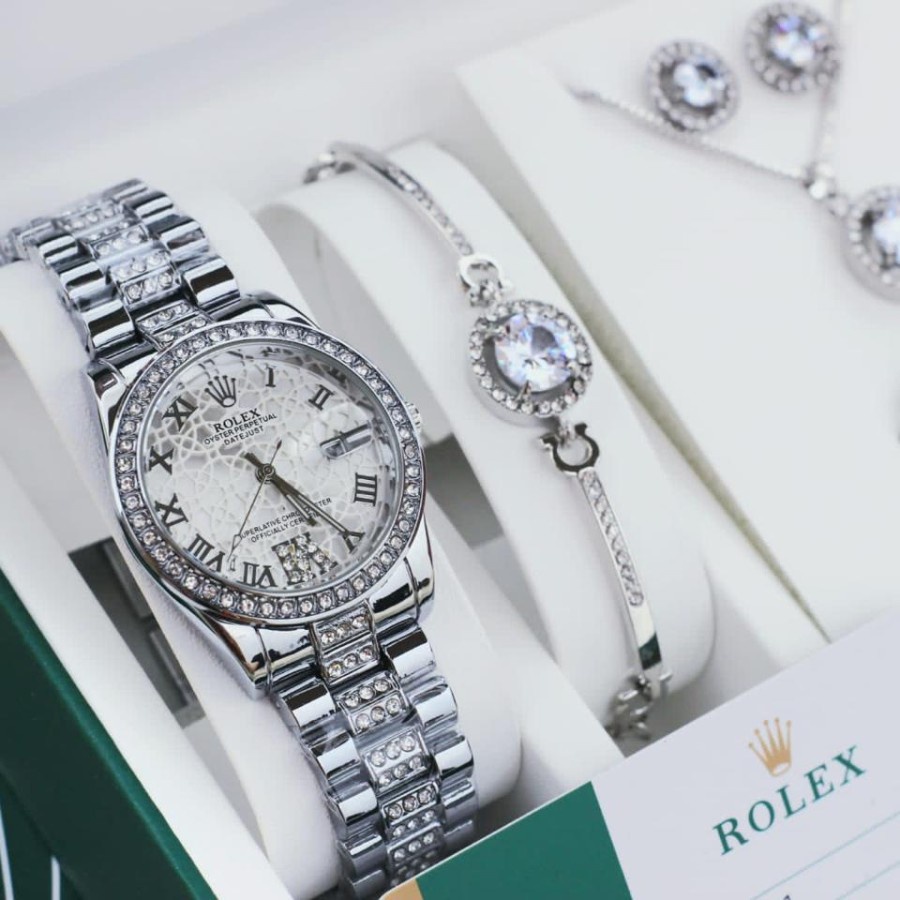 Satu paket murah terbaru kekinian Jam Tangan Wanita super premium Rolex Set Free Gelang dan kalung -