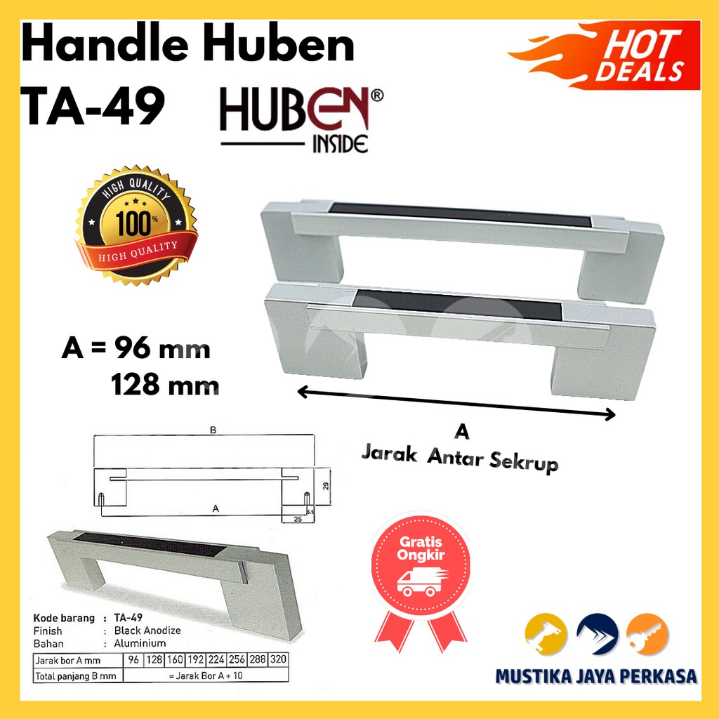 Huben TA-49 Tarikan Handle Lemari Laci Besi Alumunium Murah Anodize Bukan Elco Twin