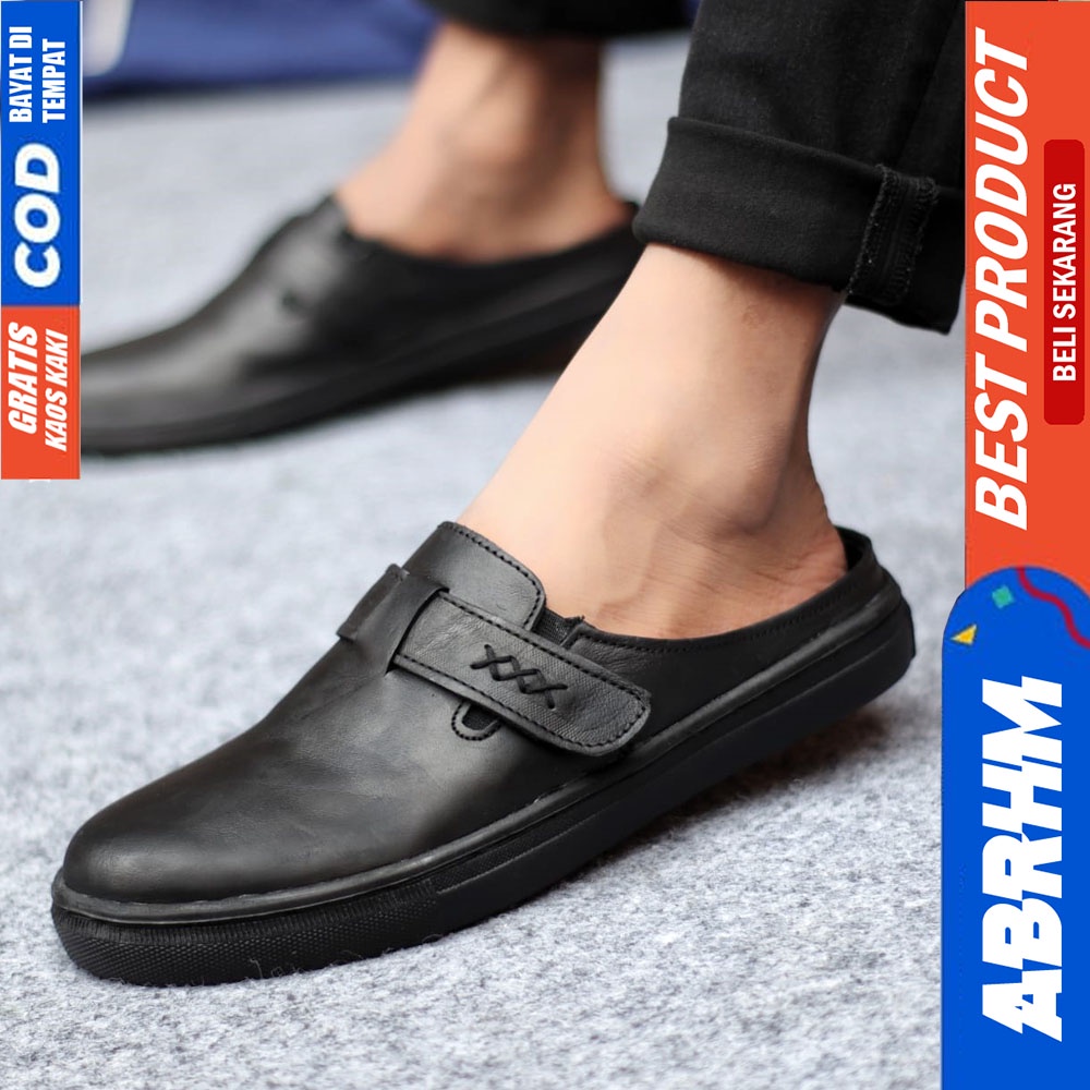 ABRHM JLOP Sepatu Sandal Casual Sneakers Kulit Bustong Tutong Pria Hitam