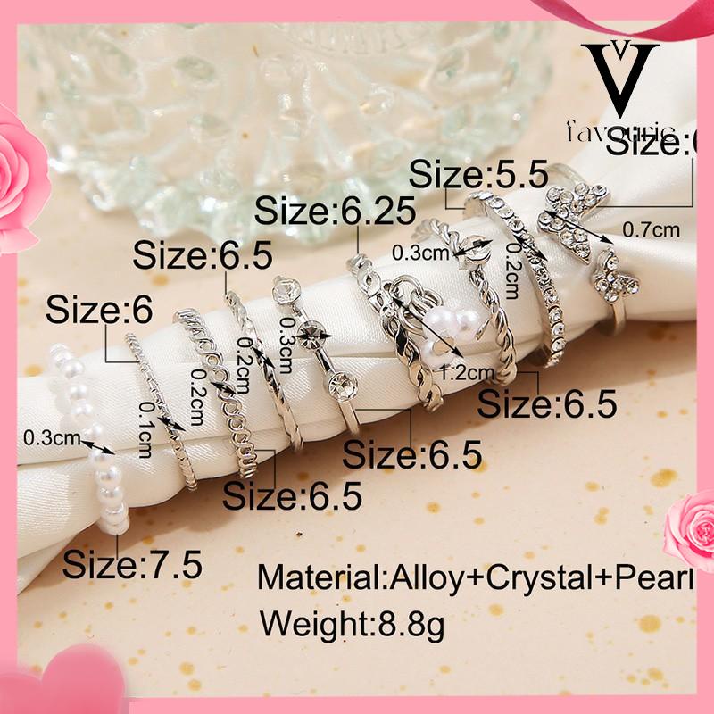 [COD]9 PCS Wanita Tipis Berongga Mutiara Kristal Kupu-kupu Berlian Premium Knuckle Ring Set-FA