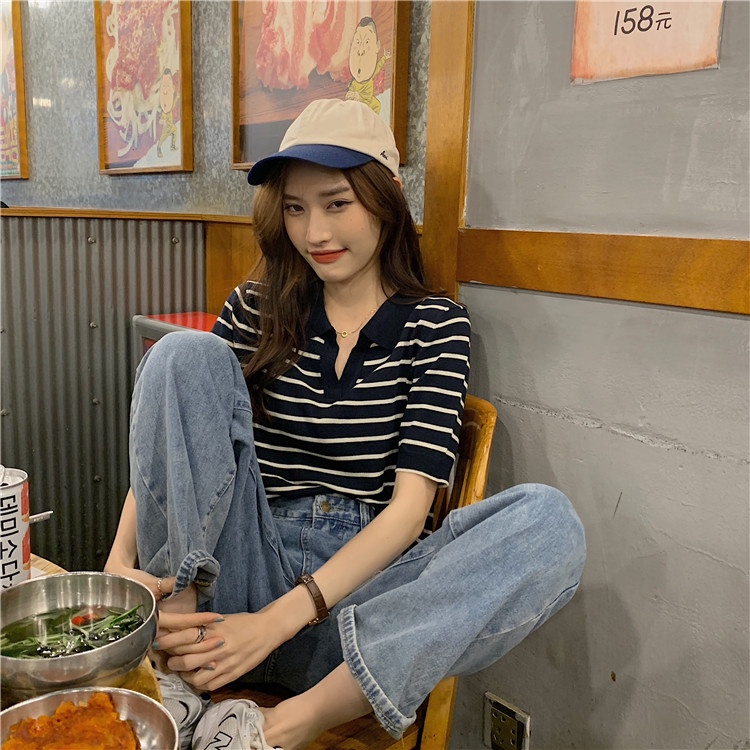 kaos rajut wanita Atasan rajut lengan pendek Korean retro style kasual Knit stripe T-shirt