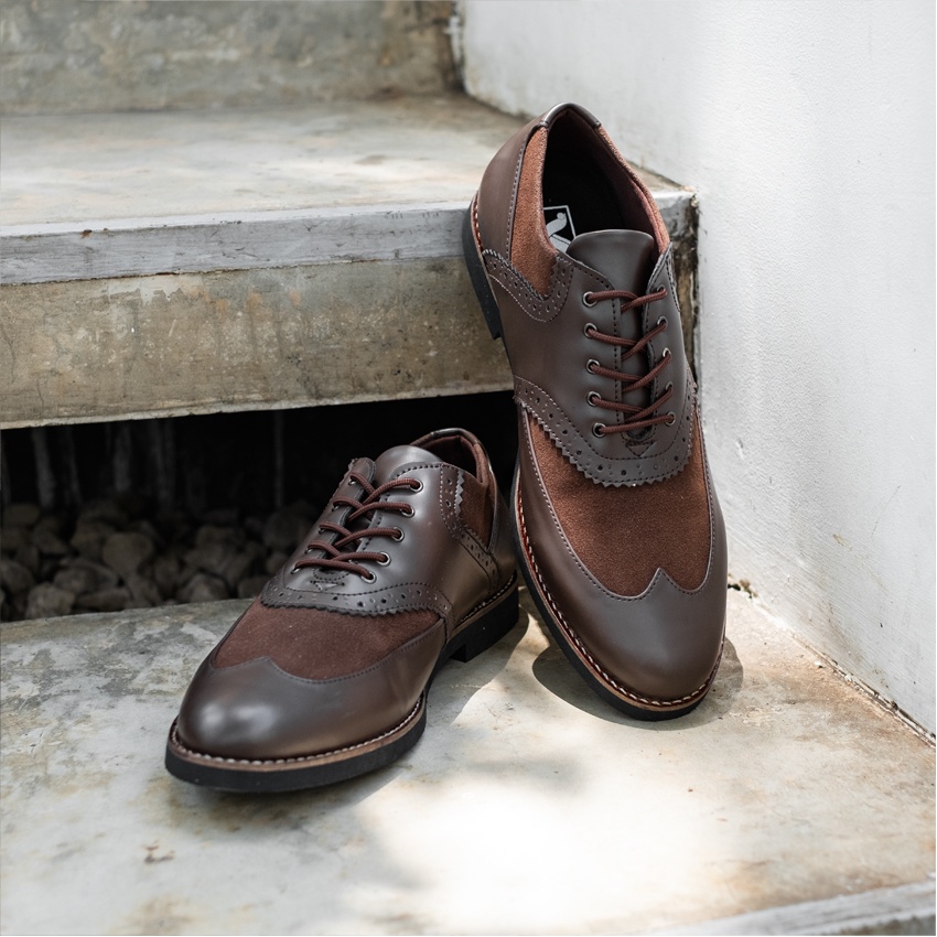 Leeds Brown | Sepatu Pantofel Hitam Pria Casual Kerja Cowok Oxford Longwing Wingtip Pantofel Laki | Lvnatica x FORIND